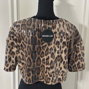 Rehab Brown Tan Sequin Crop Top with Bateau Neckline and Short Sleeves
